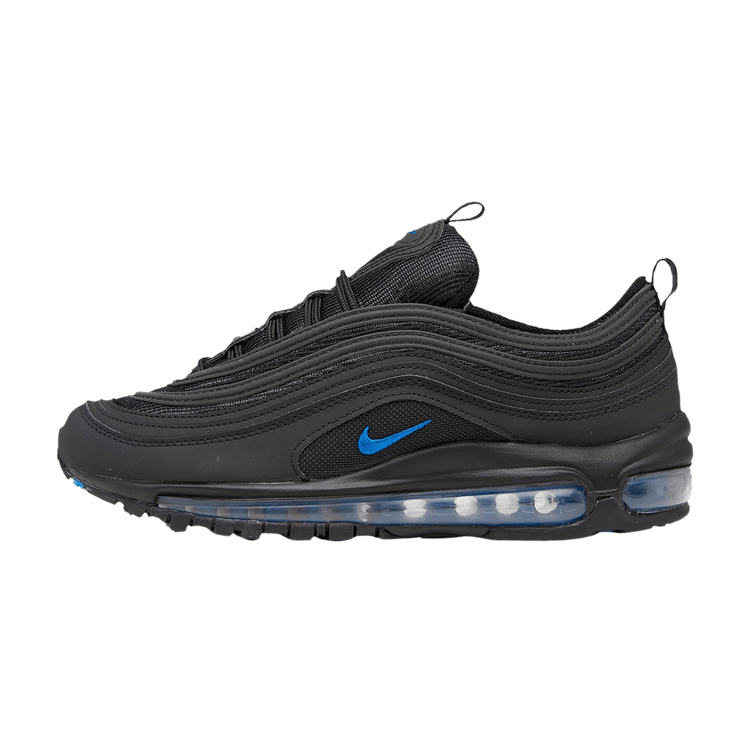 Nike Air Max 97 Black Imperial Blue (GS) zijaanzicht, zwart nubuck met blauw Swoosh-logo en blauwe Air-zool