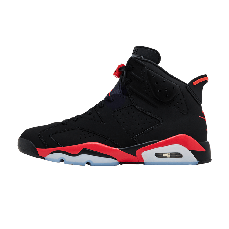 Jordan 6 Retro Reverse Infrared zijaanzicht met zwart nubuck, rode en witte accenten op zool