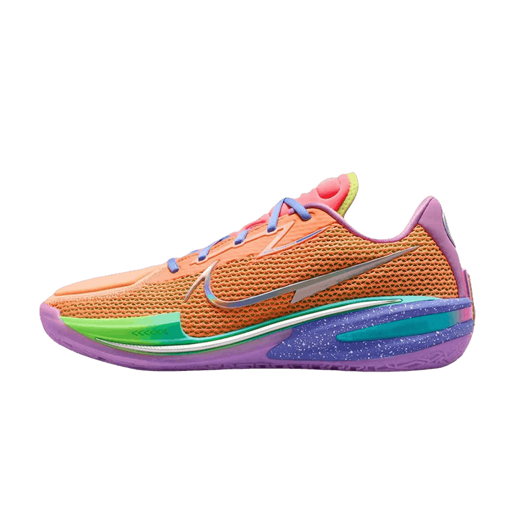 Nike Air Zoom GT Cut Dylan Harper Tri-State zijaanzicht, oranje mesh bovenwerk met paarse en neongroene zool