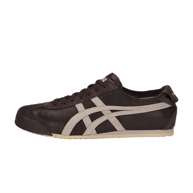 Onitsuka Tiger Mexico 66 Vintage Coffee Feather Grey, zijaanzicht met zwart leer, contrasterende grijze strepen en beige zool