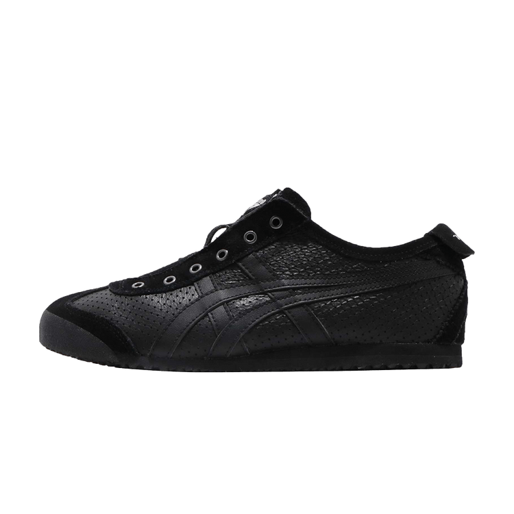 Onitsuka Tiger Mexico 66 Slip-On Triple Black, zijaanzicht met zwart suèdeleer en diagonale strepen