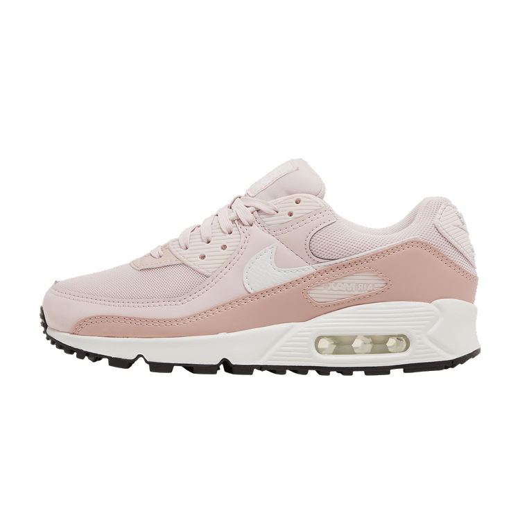 Nike Air Max 90 Barely Rose Pink Oxford Black, zijaanzicht met roze en witte kleurvlakken, witte swoosh en zichtbare Air-zool