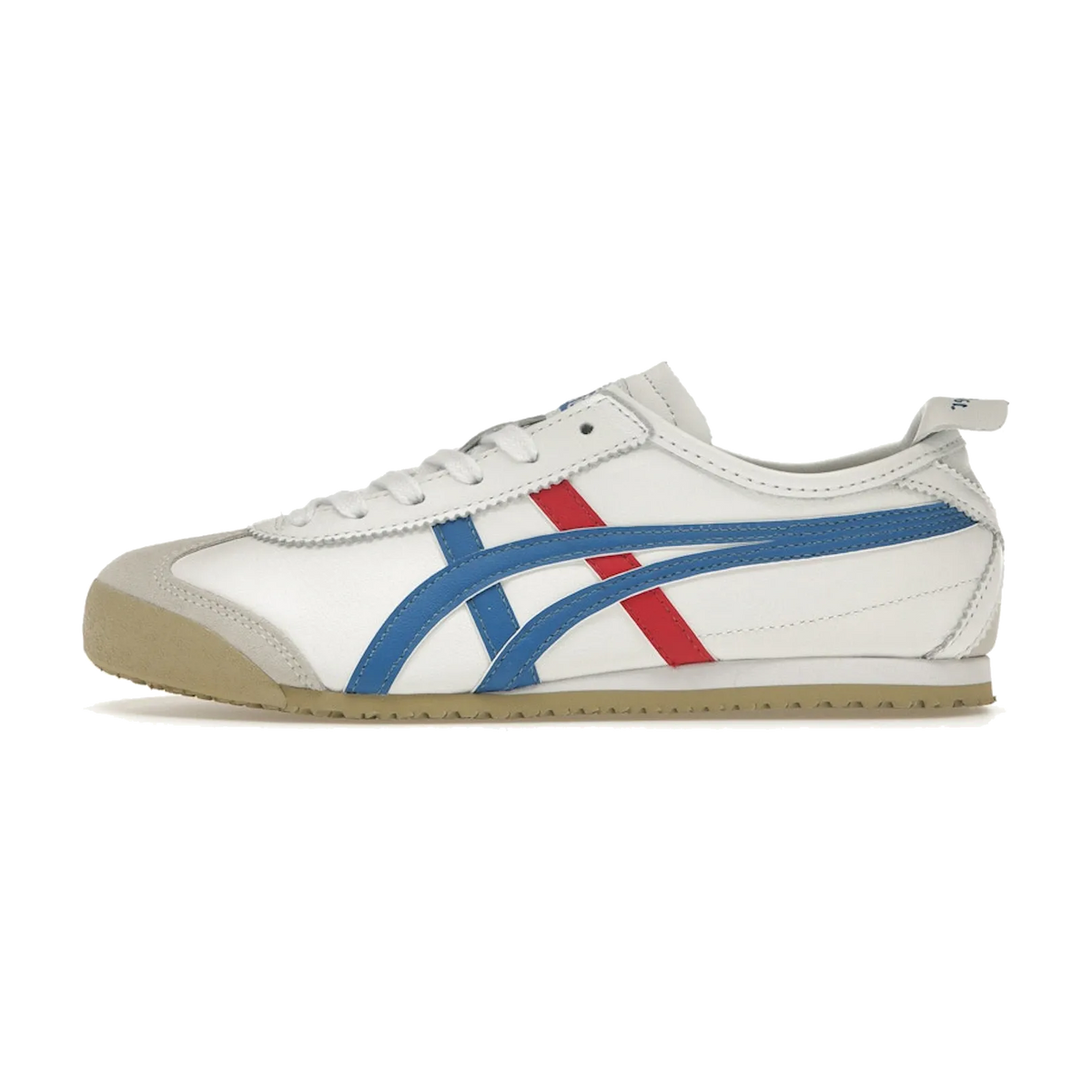 Onitsuka Tiger Mexico 66 White Blue Red, zijaanzicht met witte leren bovenkant en blauwe rode strepen