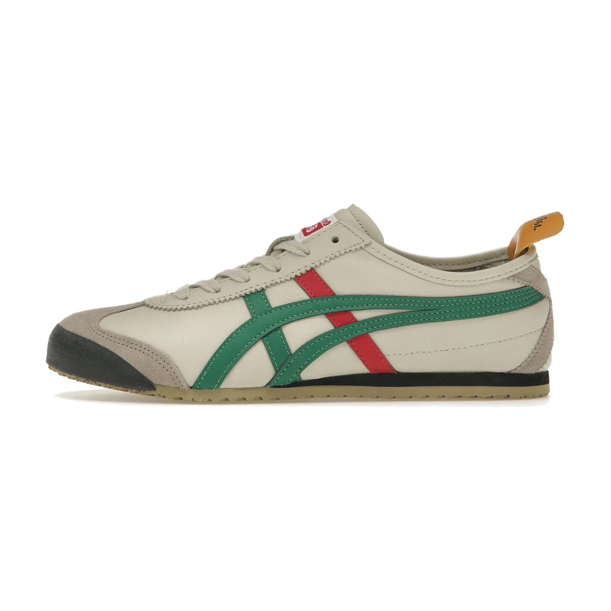 Onitsuka Tiger Mexico 66 Birch Green Red Yellow, zijaanzicht met crèmekleurig leer, groene en rode strepen, zwarte zool
