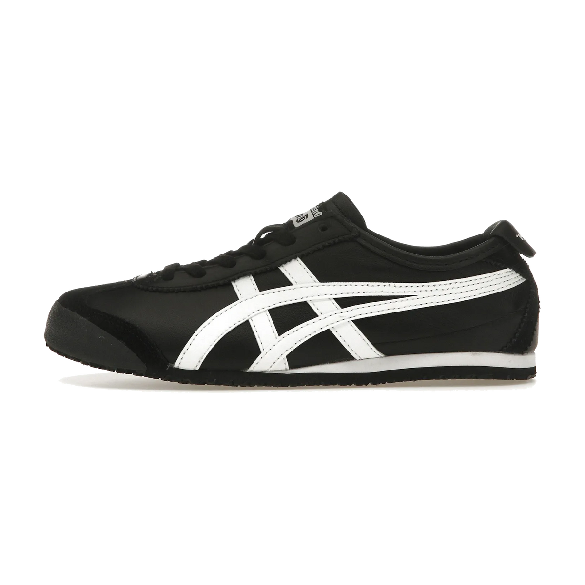 Onitsuka Tiger Mexico 66 Black White, zijaanzicht met zwart nubuck, witte strepen en contrasterende zool