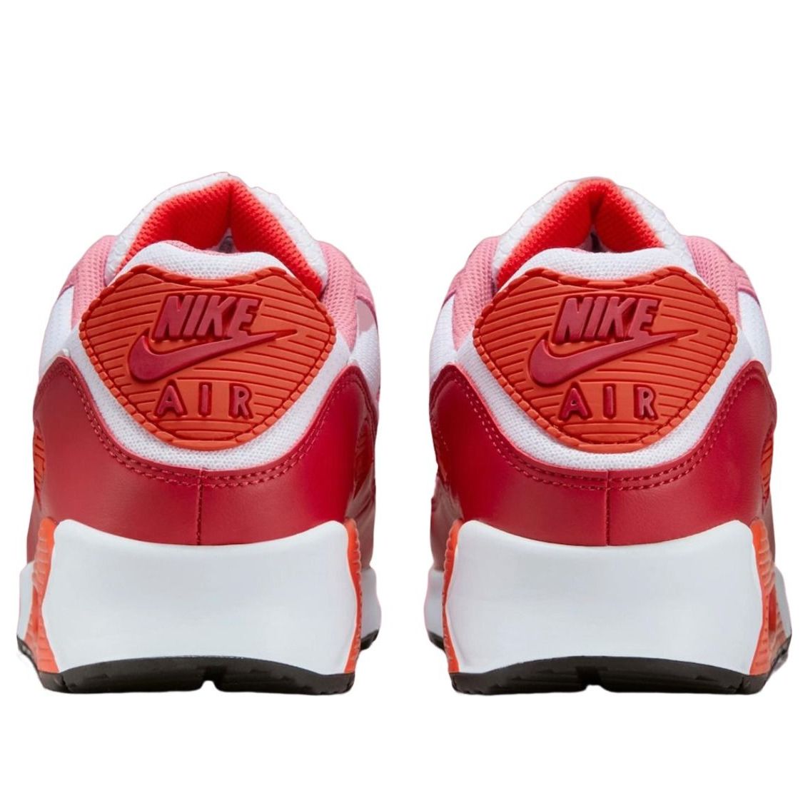 Nike Air Max 90 Peony Light Crimson achteraanzicht toont rood leer, wit contrast en geribbelde AIR-zool met logo's