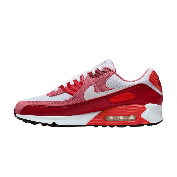 Nike Air Max 90 Peony Light Crimson zijaanzicht met roze, rood en wit kleurvlakken, zichtbare Air-unit aan zijkant