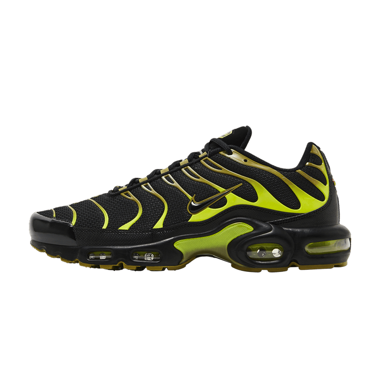 Nike Air Max Plus Pacific Moss, zijaanzicht met zwart mesh, neongroene swoosh en air unit zool