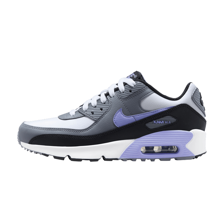 Nike Air Max 90 Leather GS 'Light Thistle' zijaanzicht, wit en grijs leer met paarse accenten, zichtbare Air Max zool
