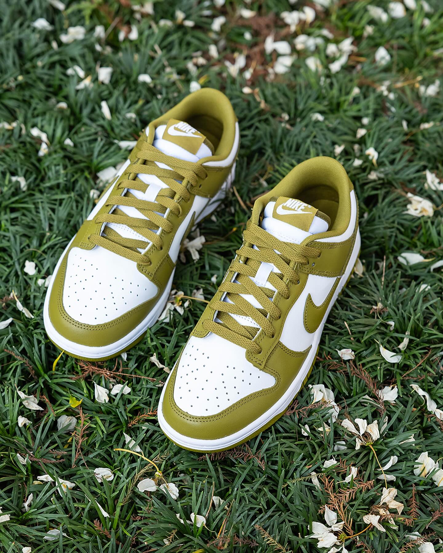 Pair of Dunk Low Retro Pacific Moss sneakers featuring olive green and white leather design, placed on grass with scattered white petals, showcasing exclusive European style.