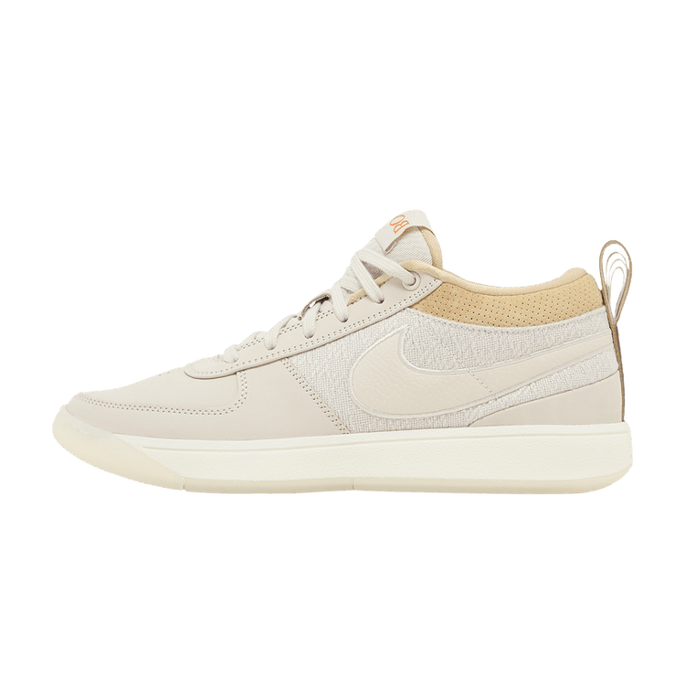 Nike Book 1 Mirage Translucent Outsole, zijaanzicht met crème leren bovenwerk en mesh accenten, transparante zool