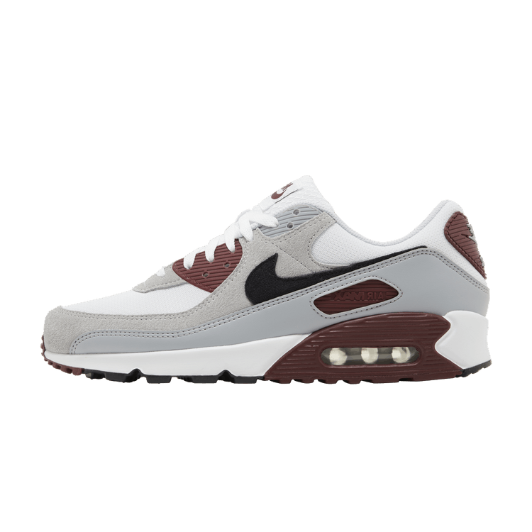 Nike Air Max 90 Dark Team Red, zijaanzicht met witte en grijze bovenwerk, bordeauxrood Air Max-zool en zwart Swoosh-logo