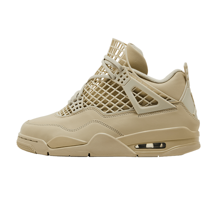 Jordan 4 Retro Net Rattan, zijaanzicht met beige leren upper en rasterpatroon detail, Air Jordan logo zichtbaar