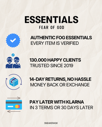 Promotional graphic highlighting authentic Fear of God Essentials Dark Oatmeal Summer set with verified items, 130,000 happy clients, hassle-free 14-day returns, and Klarna payment options.