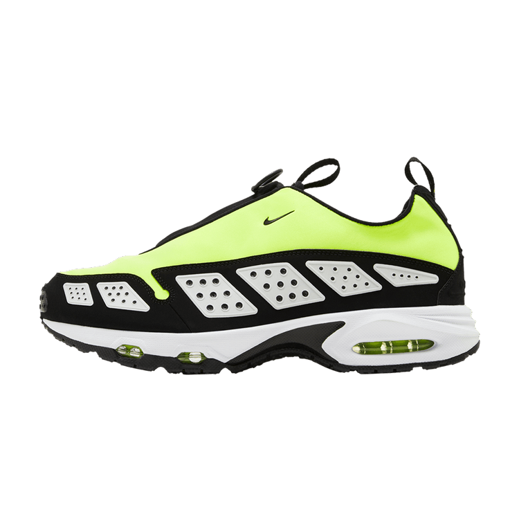 Nike Air Max Sunder Volt Black zijaanzicht met neon geel upper, zwart-wit midsole en Air Max zool, pull-tab, 89 tekens