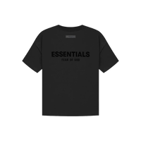 Fear of God Essentials Stretch Limo T-shirt in black featuring bold ESSENTIALS and Fear of God branding, a stylish addition to exclusive sneaker and clothing collections by SneakerAsk.