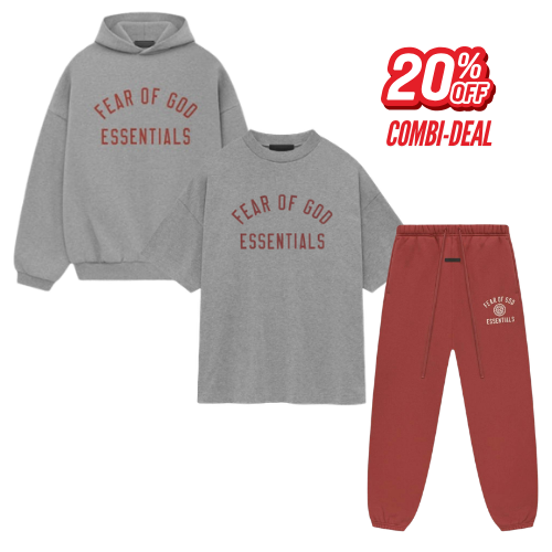 Fear of God Essentials Bundle Deal, vooraanzicht met grijze hoodie, grijs t-shirt en bordeauxrode joggingbroek met embroidery