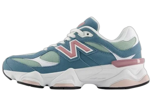 New Balance 9060 Salt Water Rosewood (GS), zijaanzicht met blauw, groen en roze kleurvlakken, witte zool