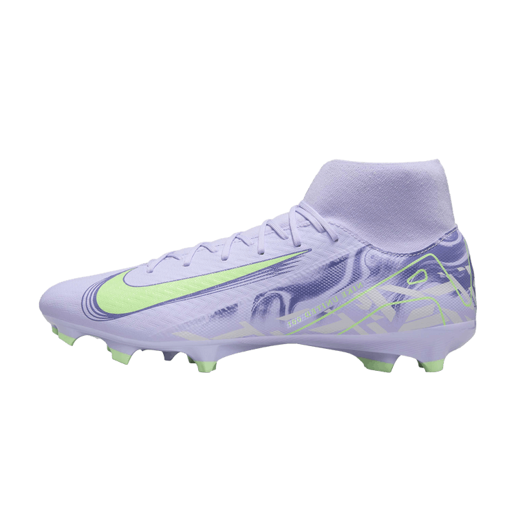 Nike Mercurial Superfly 10 Academy FG/MG United Pack, zijaanzicht met paarse upper, neongroen swoosh en noppen