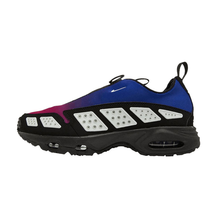 Nike Air Max Sunder Deep Night zijaanzicht, kleurblokken blauw en roze boven witte en zwarte ventilatie-elementen op zool