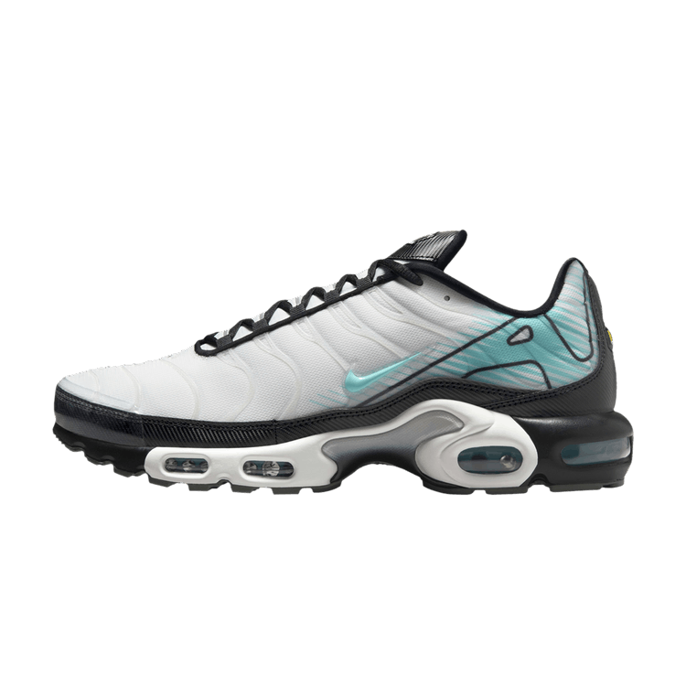 Nike Air Max Plus Mercurial Vapor zijaanzicht, wit en turquoise upper met zwart Air Max zool