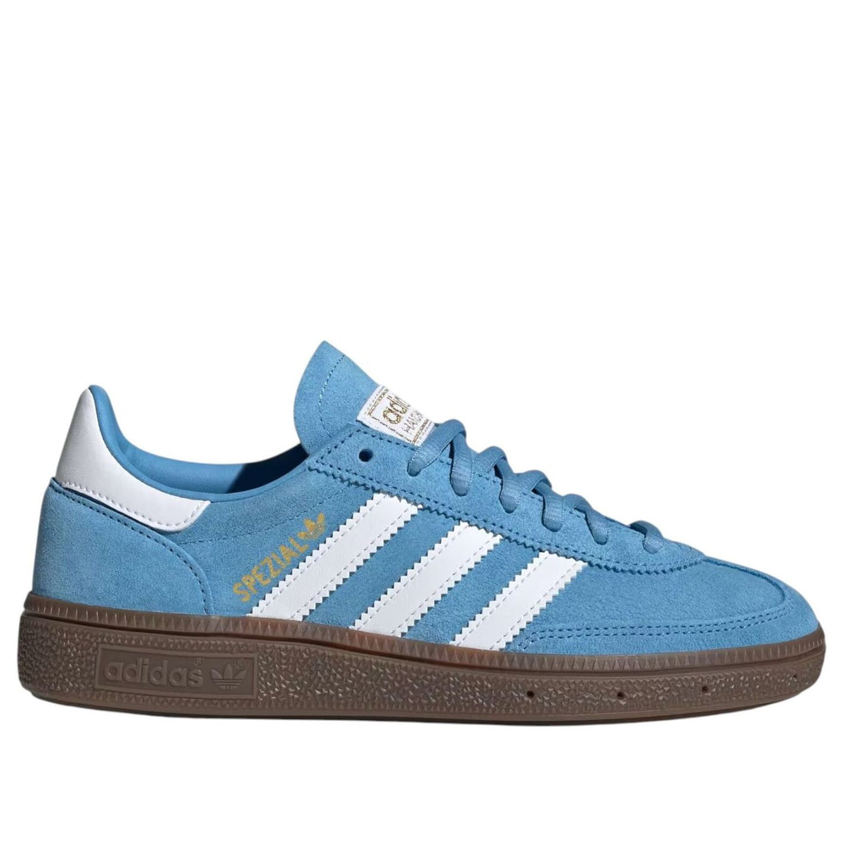 adidas Handball Spezial Light Blue Cloud White (GS) vooraanzicht met drie witte stiksels en tekstvlak