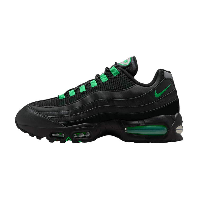 Nike Air Max 95 OG Big Bubble Black Green Shock, zijaanzicht met groene accenten op vetersluiting en zool