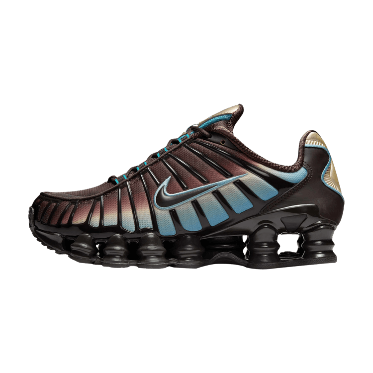 Nike Shox TL Velvet Brown Denim Turquoise zijaanzicht met bruin fluweel, turquoise details en zwarte Shox-zool