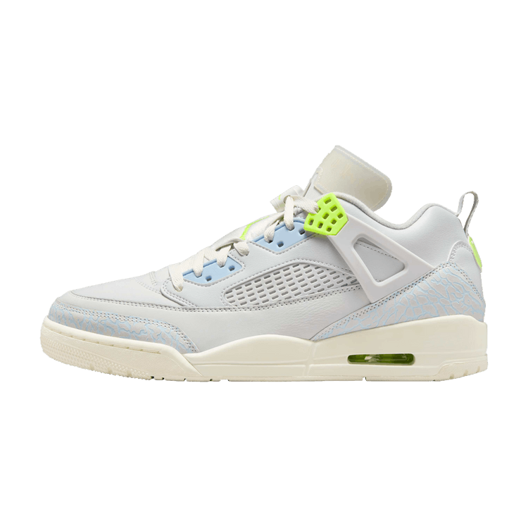 Jordan Spizike Low Photo Dust Volt, zijaanzicht met wit leer, blauwe accenten en neon-gele mesh details