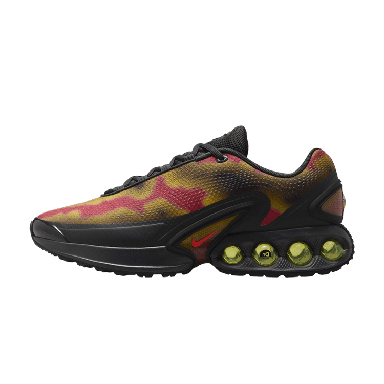 Nike Air Max Dn NRG Heat Map zijaanzicht met geel-roze-zwarte kleurblokken en geel Air Max zoolunit