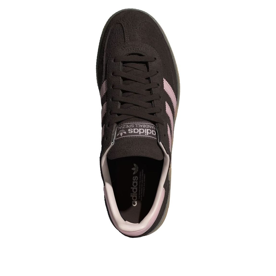 adidas Handball Spezial Aurora Coffee Sandy Pink, bovenaanzicht met zwarte veters en roze accenten