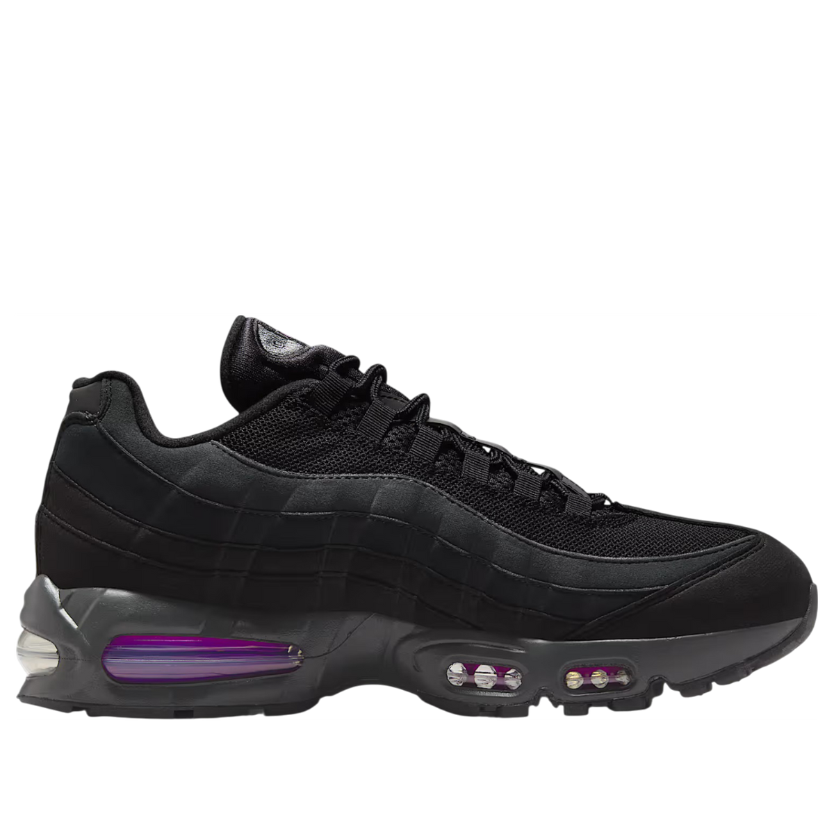 Nike Air Max 95 OG Big Bubble Black Vivid Purple, driekwart aanzicht toont gestikt bovenwerk en paarse accenten