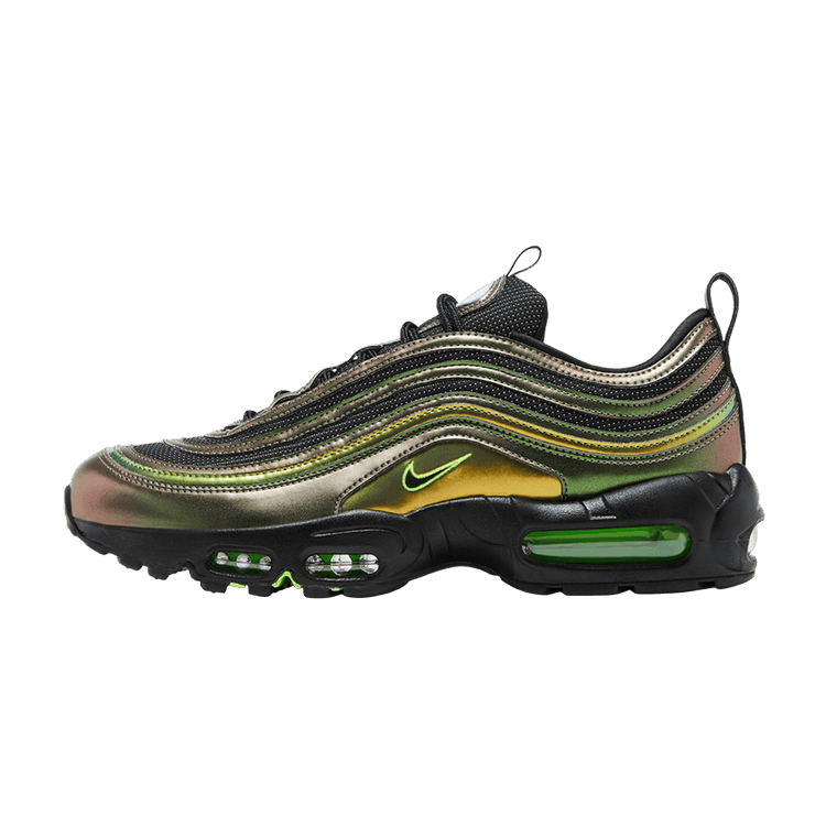 Nike Air Max 95/97 Ducks of a Feather Storm, vooraanzicht met geel-, groen- en goudkleurige vlakken