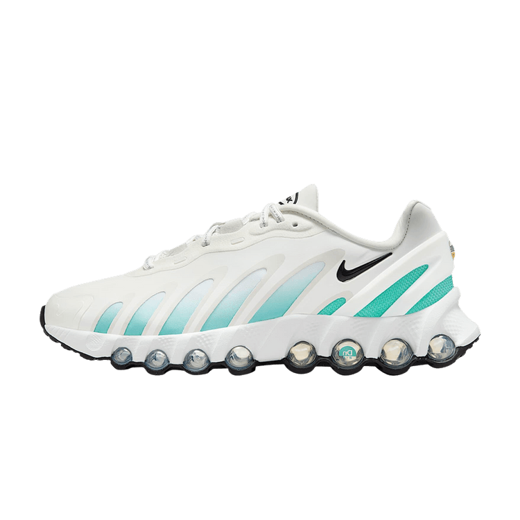 Nike Air Max DN8 Summit White Cool Mint, zijaanzicht met turquoise accenten en kenmerkende bubbelzool