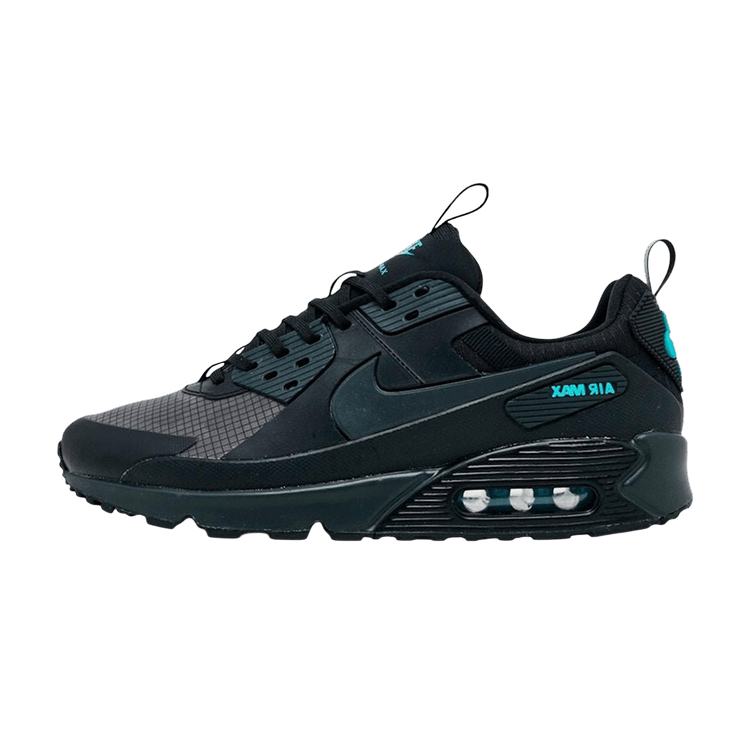 Nike Air Max 90 Drift Black Dusty Cactus, zijaanzicht met zwart mesh en nubuck, turquoise details en zichtbare Air Max zool