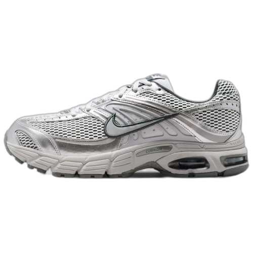 Nike Air Max Moto 2K zijaanzicht, grijs mesh en leer met Air Max zool, zwart swoosh logo
