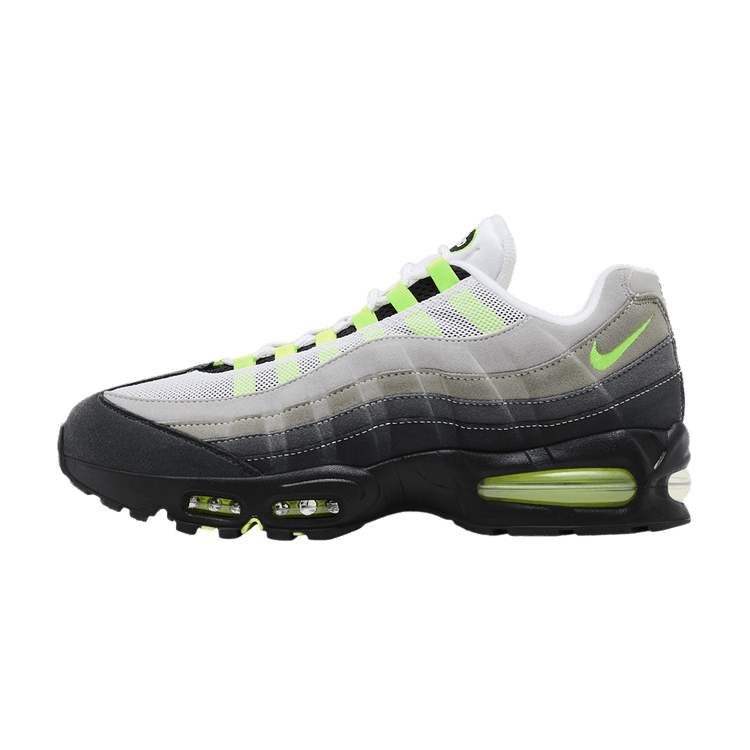 Nike Air Max 95 OG Big Bubble Neon (2026) zijaanzicht met witte, grijze, zwarte en neon-gele details