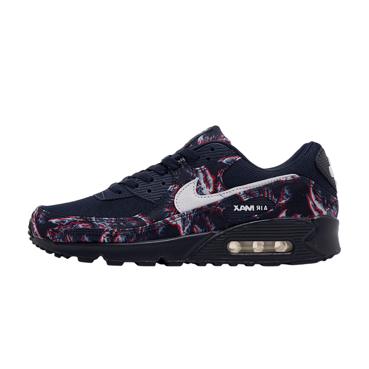 Nike Air Max 90 Premium 'Printed Canvas Blue' zijaanzicht met donkerblauw mesh, rood-wit abstract patroon