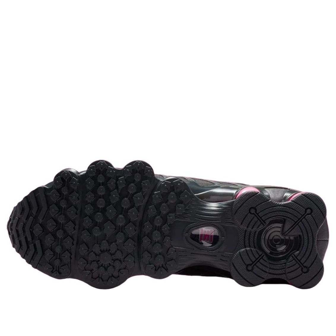 Nike Shox TL Off Noir Hyper Pink Silver zoolprofiel met patroon en roze Shox-zichtbaar in uitsparingen