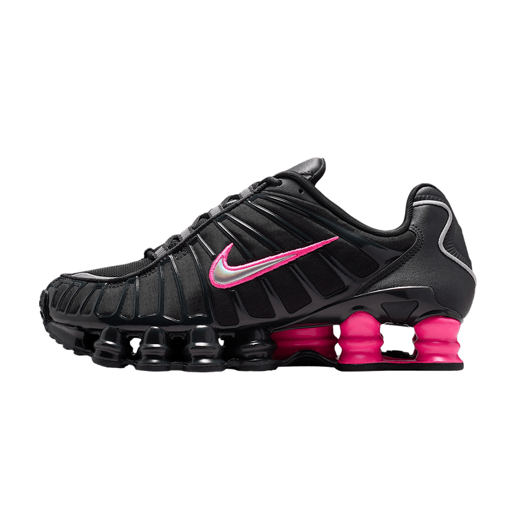 Nike Shox TL Off Noir Hyper Pink Silver zijaanzicht met roze swoosh en fuchsia Shox-dempers
