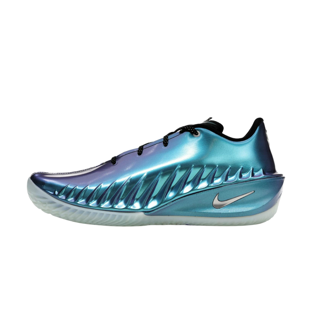 Nike Air Zoom GT Cut 4 Preheat zijaanzicht met metallic turquoise upper en witte zool