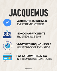 Jacquemus Le Bambino Black promotional graphic from SneakerAsk showing verified authenticity happy clients fourteen day returns and Klarna payment options