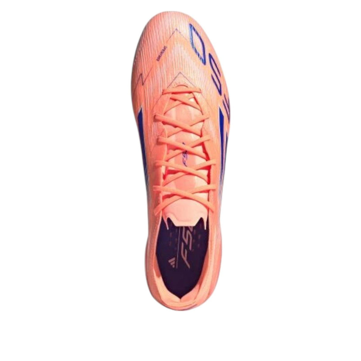 adidas F50 Elite FG Coral Blaze Pack, vooraanzicht met vetersluiting, oranje veld en donkerblauw binnenkant