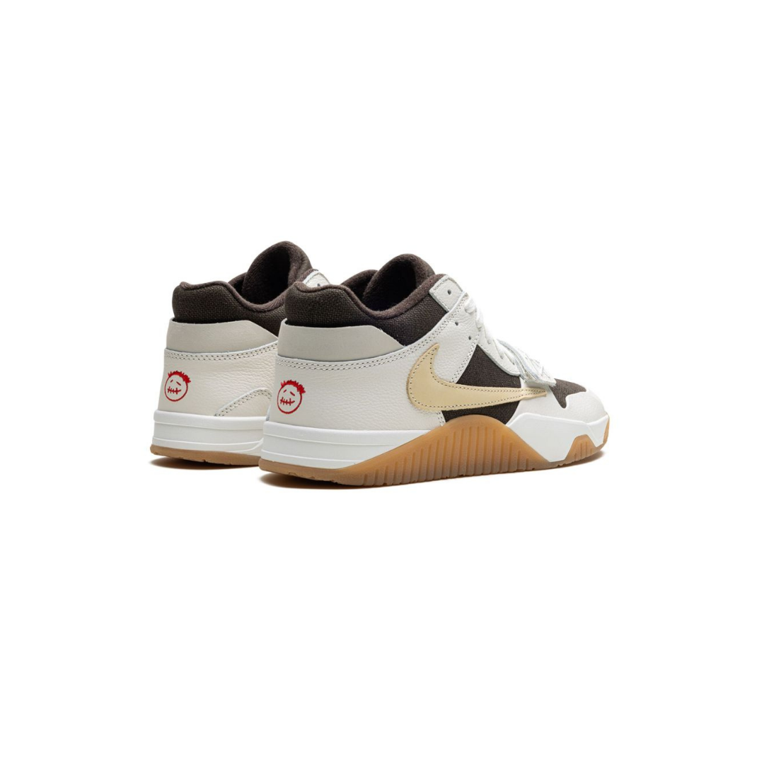 Pair of Air Jordan Jumpman Jack TR Travis Scott Sail sneakers in white and beige with black accents, showcasing a gum sole and distinctive rear logo, exclusive in Europe.