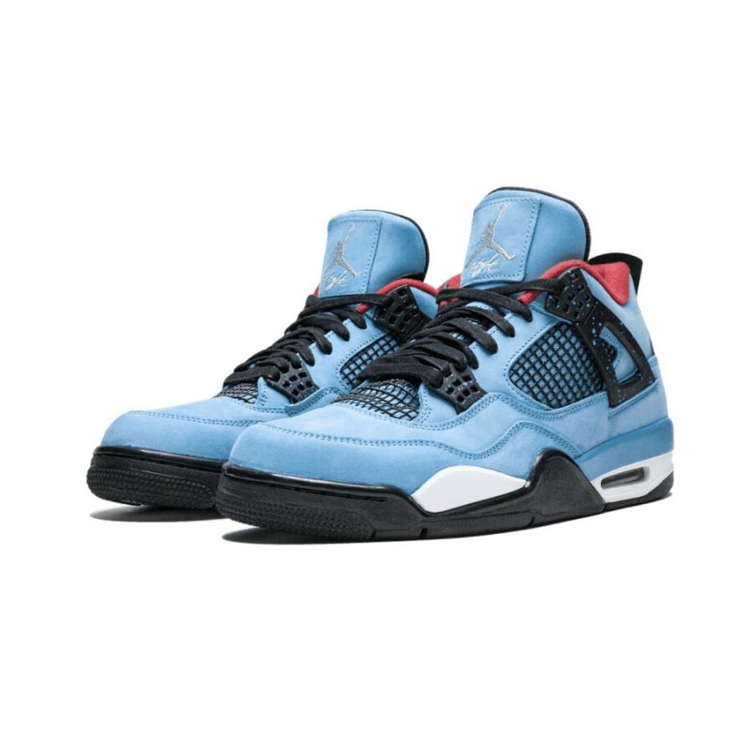 Pair of exclusive light blue Air Jordan 4 Retro Travis Scott Cactus Jack sneakers with black laces and red interior accents, showcased as the real deal in Europe.