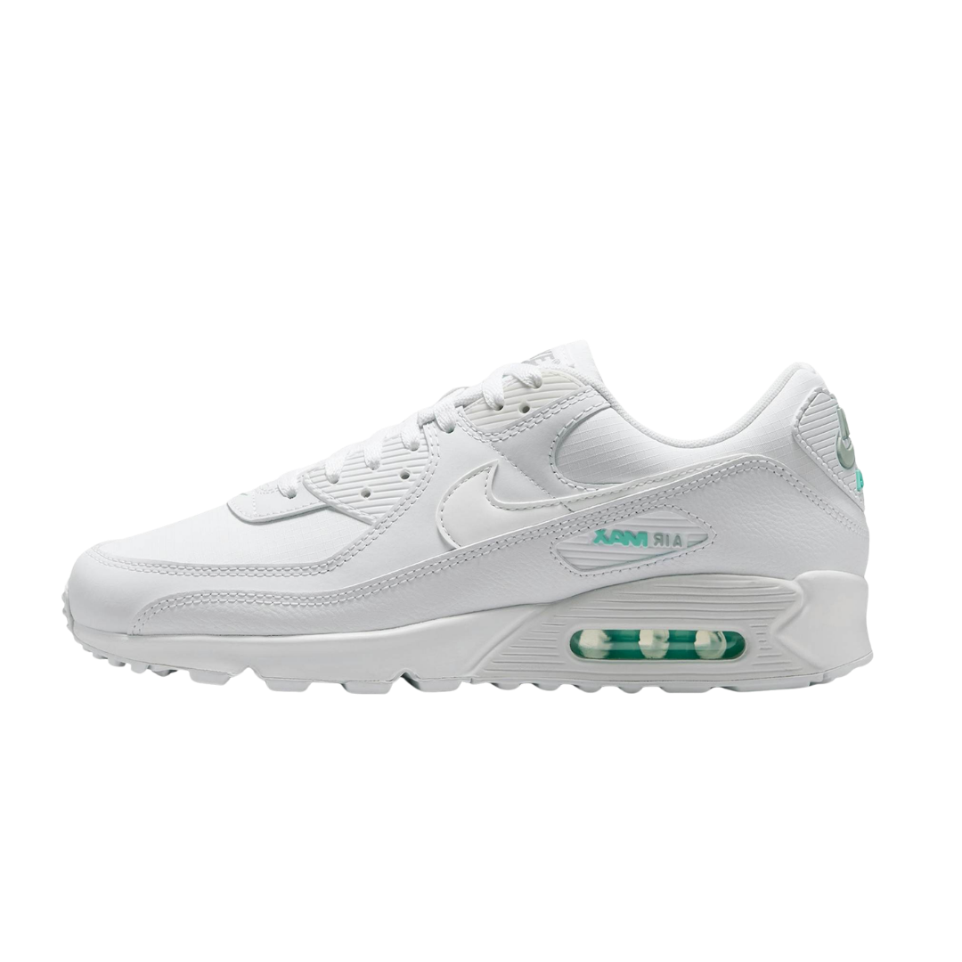 Nike Air Max 90 White Hyper Turquoise, zijaanzicht met wit leer, turquoise accenten en zichtbare Air Max-zool