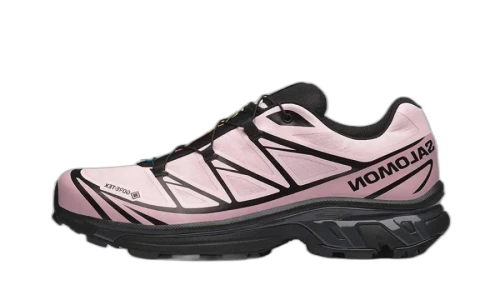 Salomon XT-6 Gore-Tex zijaanzicht in roze en zwart met opvallende textieldetails en zoolprofiel