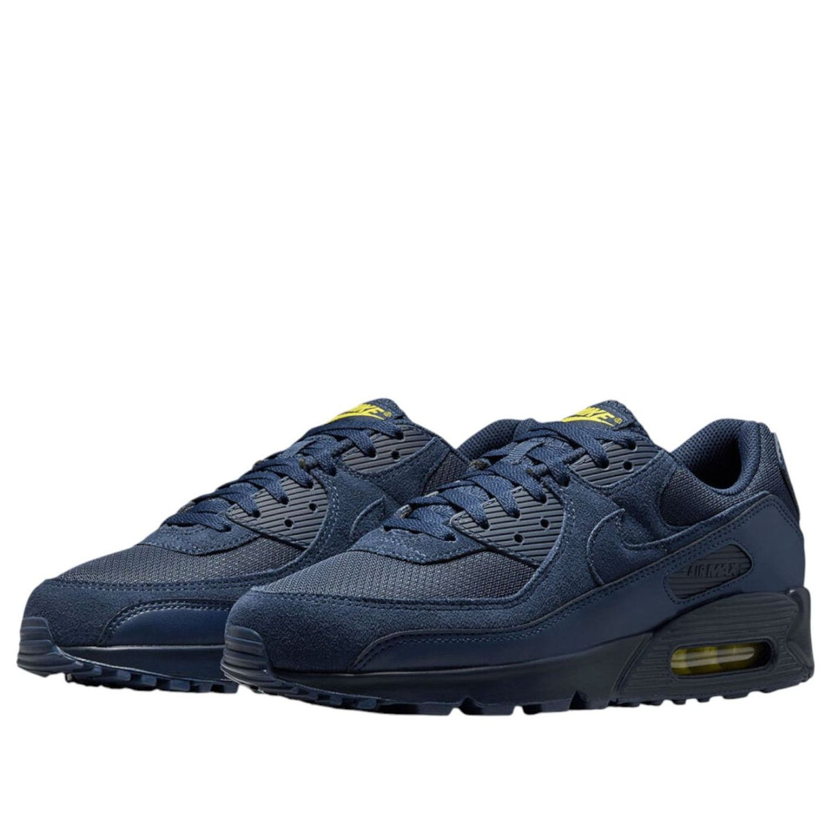 Nike Air Max 90 Obsidian Lightning, paar samen van voren met gestructureerde donkerblauwe upper en gele logo's