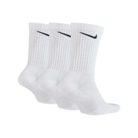 Nike Everyday Cushioned Sports Socks 3 Pack White showing three white crew length cushioned socks with black Nike swoosh logos for sports and everyday wear