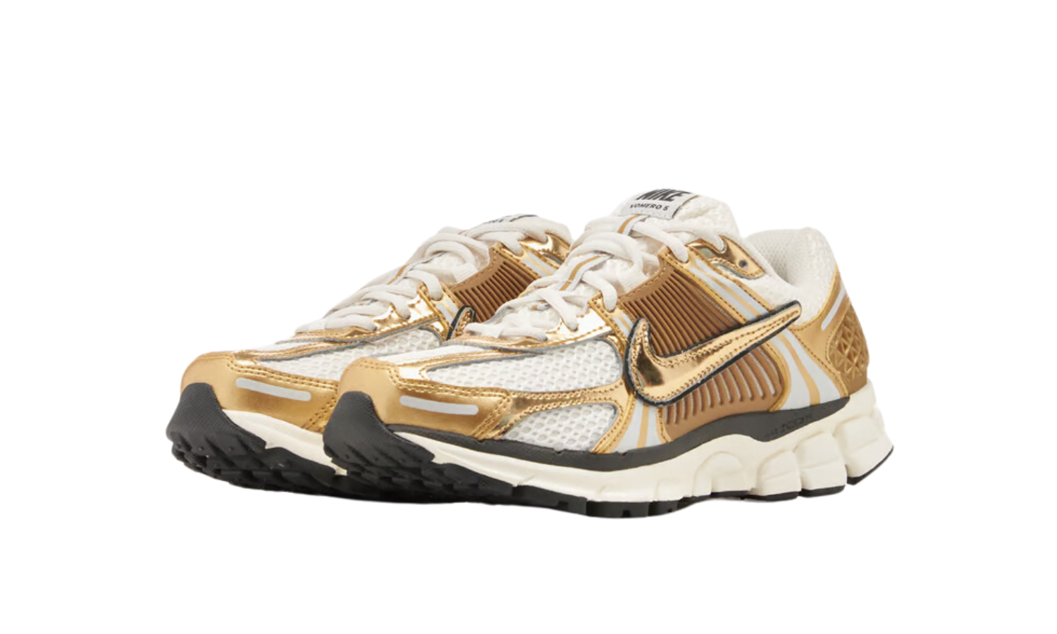Nike Zoom Vomero 5 Metallic Gold (Women's) sneakers featuring a metallic gold and white design with black accents, breathable mesh upper, and durable sole, the real deal.